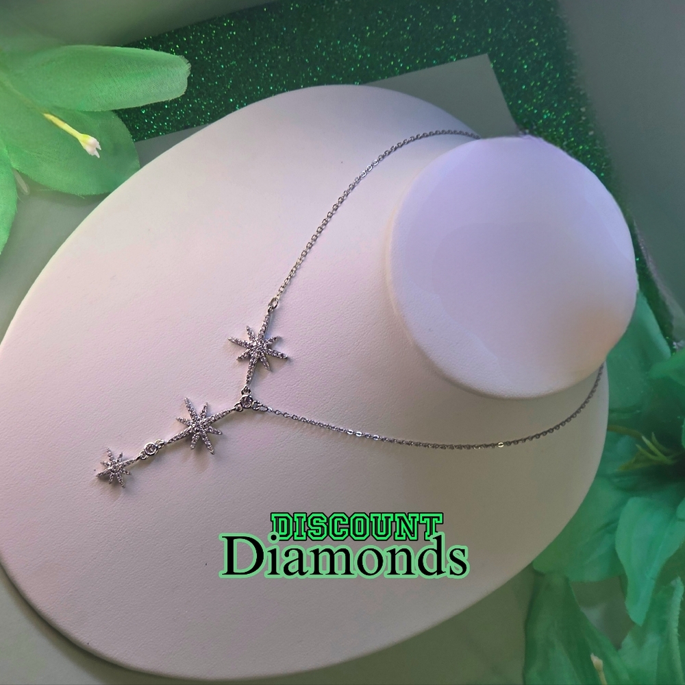 Three Star Lariat Choker Necklace Natural Zircon on 18K White Gold over Titanium